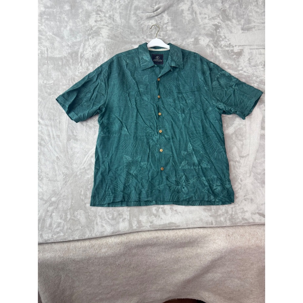 Jamaica Jaxx Mens Large Silk Jacquard Tropical Floral Teal Green Camp Shirt 1760